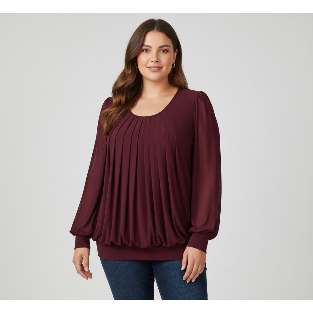 Timeson Pleated Sheer Lantern Sleeve Blouse 3XL Burgundy Office Chic Dressy Date
